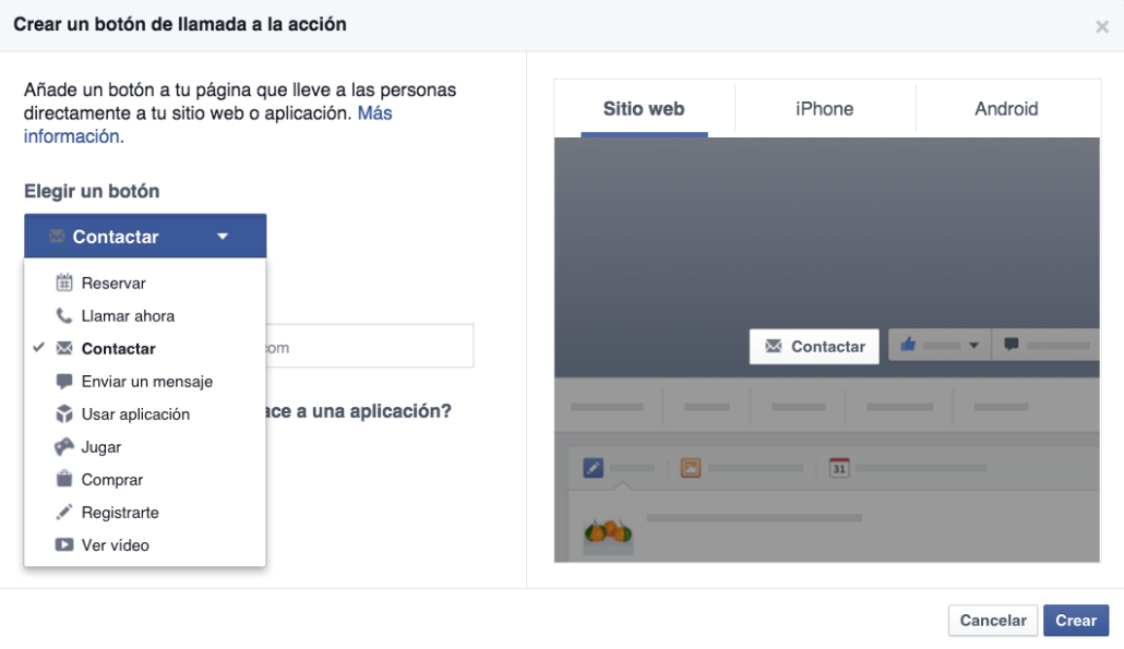 facebook call to action boton opciones